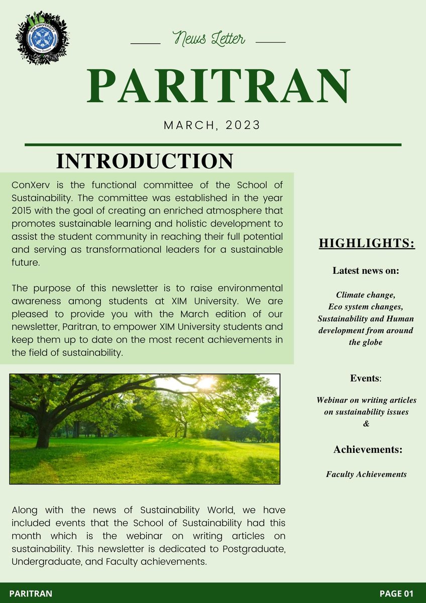 ConXerv's tweet photo. ConXerv presents its monthly newsletter 'PARITRAN- March 2023 Edition'
#XIMUniversity#SchoolOfSustainability#XSOS https://t.co/FSJ6kPKvDc