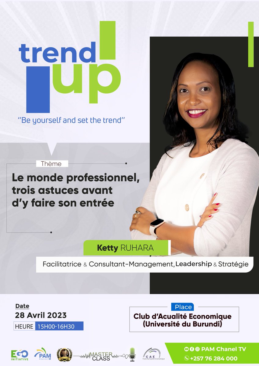 pamchanneltv's tweet photo. #Burundi : Le Programme #TrendUp se poursuit cette semaine a l’université du Burundi, avec @KettyRuhara. 

À tous et toutes les étudiants de @UB_Rumuri, Campus Mutanga, ce programme est une opportunité pour vous de vous découvrir et reveiller le géni qui dort en vous. 👇 https://t.co/hRV9eomg9u