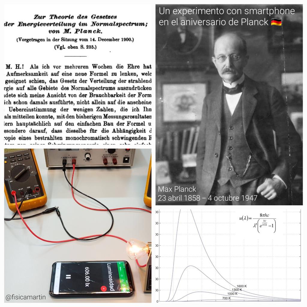 fisicamartin's tweet photo. Un experimento con smartphone en el aniversario de Planck 🇩🇪, el influyente físico teórico alemán, célebre por haber introducido la hipótesis fundacional de la teoría cuántica. Premio Nobel de Física 1918. #SmarterPhysics 

Te cuento más en el blog:
https://t.co/HgVCze1Gof https://t.co/xDruB4FzEy