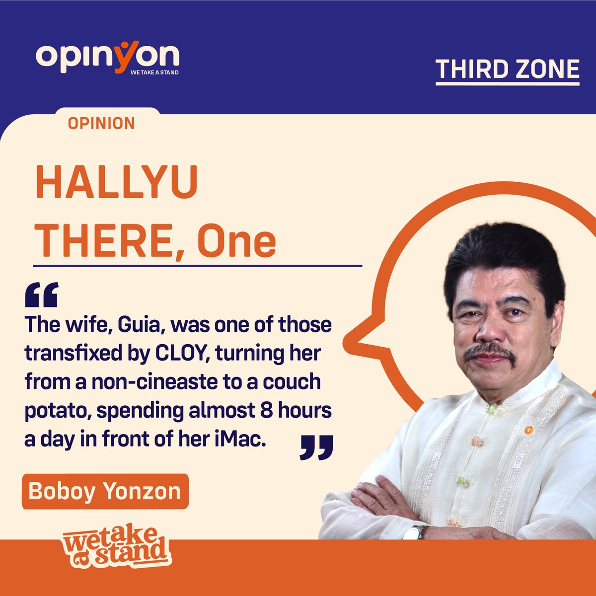 OpinYonNews's tweet photo. HALLYU THERE, One
By Boboy Yonzon
The wife, Guia, was one of those transfixed by CLOY, turning her from a non-cineaste to a couch potato, spending almost 8 hours a day in front of her iMac.
Read more
https://t.co/rdlgmnYV4Q
#Hallyu #One #Third #Zone #ThirdZone #Column https://t.co/E43oiF1MhE