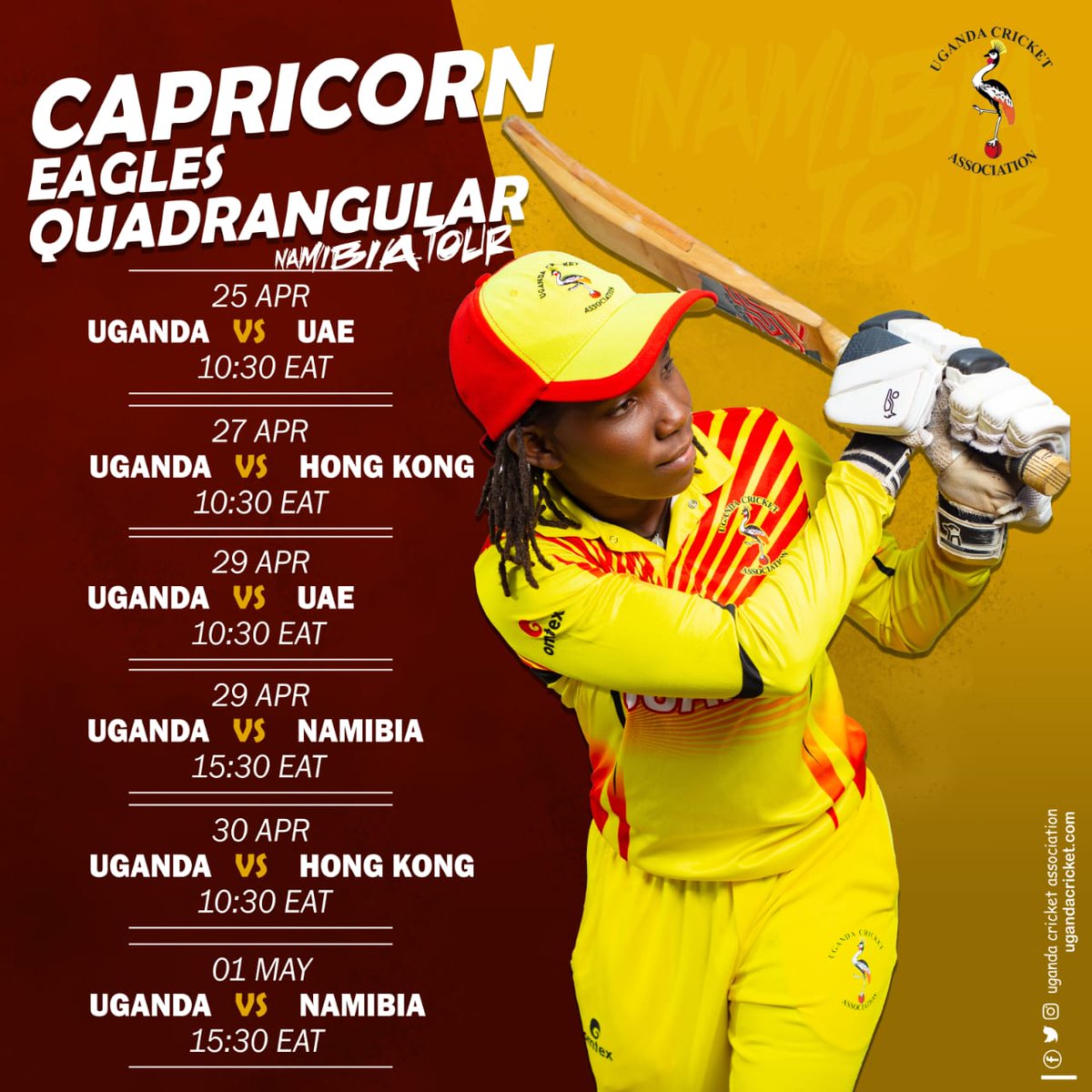 Uganda Cricket Association (@cricketuganda) on Twitter photo Capricorn Eagles Quadrangular Series: 
Game 1: Uganda W ๐บ๐ฌ v UAE W ๐ฆ๐ช
Start time: 10:30 EAT 
Live stream link ๐
oneafrica.com.na/sportsonone/crโฆ
#WeBackTheVictoriaPearls Capricorn Eagles Quadrangular Series: 
Game 1: Uganda W ๐บ๐ฌ v UAE W ๐ฆ๐ช
Start time: 10:30 EAT 
Live stream link ๐
oneafrica.com.na/sportsonone/crโฆ
#WeBackTheVictoriaPearls