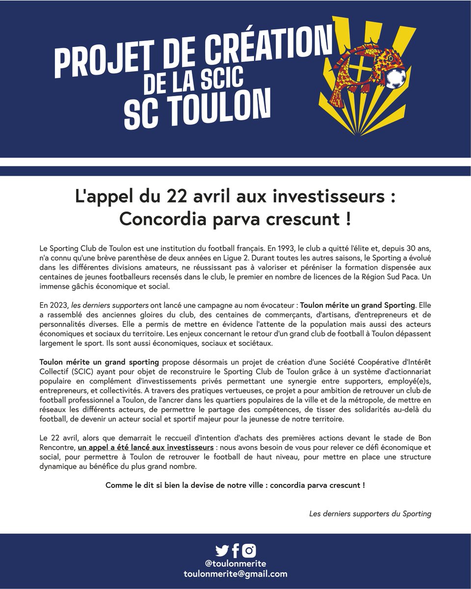 <a href="/toulonmerite/">Toulon mérite un grand Sporting</a> un grand <a href="/sportingtoulon/">Sporting Club Toulon</a>  lance un appel aux investisseurs privés pour la SCIC : nous avons besoins de vous pour relever ce défi sportif, économique et social !
#toulonmerite #toulon #SportingClubToulon #SCIC #scictoulon #investissement #investisseurs #privé