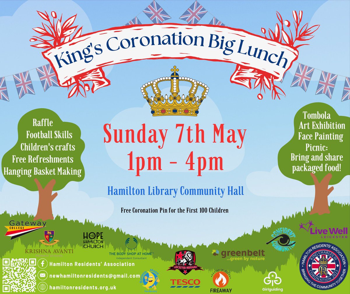 Come and meet your neighbours at the Hamilton Residents' Association Kings Coronation Event on Sunday 7th May from 1pm to 4pm Hamilton Library Community Hall.  Enjoy free refreshments whilst the children take part in the craft activities, face painting and football skills.