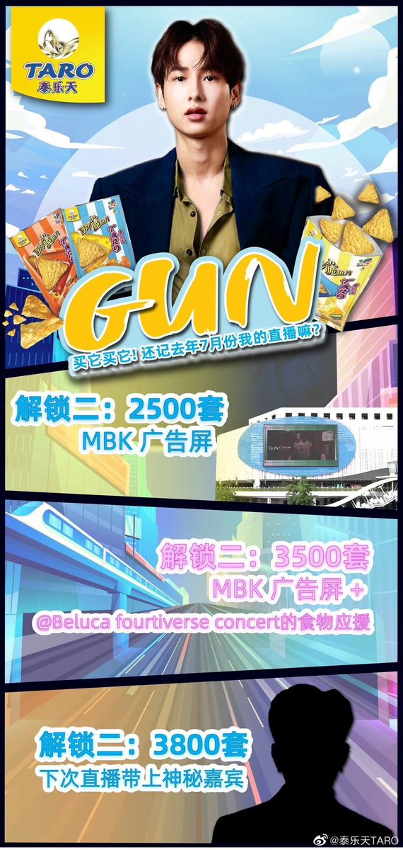 ปลดล็อคกิจกรรม 🐟🗝️✨
2,500 เซ็ต ปลดล็อกจอ MBK
3,500 เซ็ต ปลดล็อกจอ MBK + Food Truck 
3,800 เซ็ต ปลดล็อกแขกรับเชิญและกลับมาไลฟ์อีกครั้ง

อย่าลืมร่วมเล่นกิจกรรมกันนะคะ 
Weibo : 泰乐天TARO
weibo.com/7310983522/489…

<a href="/AtthaphanP/">ATTHAPHAN PHUNSAWAT</a> 
#TAROwithGun #TaroLivexGun 
#กันอรรถพันธ์ #GunAtthaphan