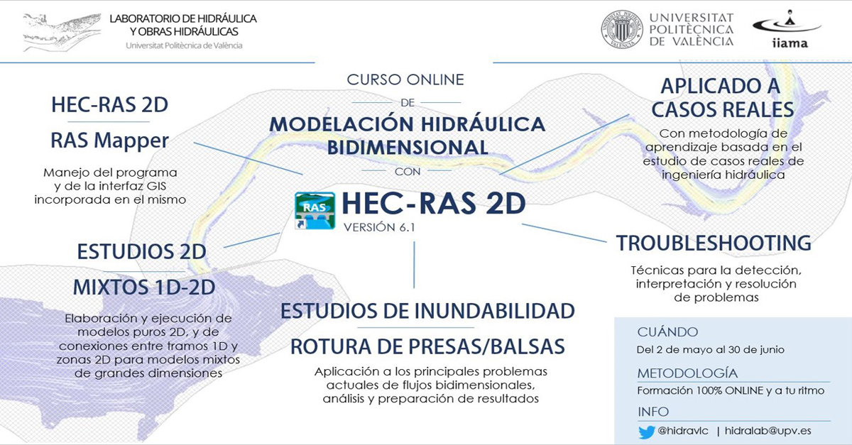 iiama_upv's tweet photo. 🙌El 2 de mayo comienza el curso ONLINE que imparten los investigadores del @hidravlc, 👨🏫 @_franvalles y 👩🏫 Beatriz Nácher, sobre modelación #hidaulica🌊 #bidimensional.
¡Todavía estás a tiempo!
👉Más INFO e inscripción⤵️
📝 https://t.co/cKAdEIuBRQ https://t.co/EC1hOMLWl7
