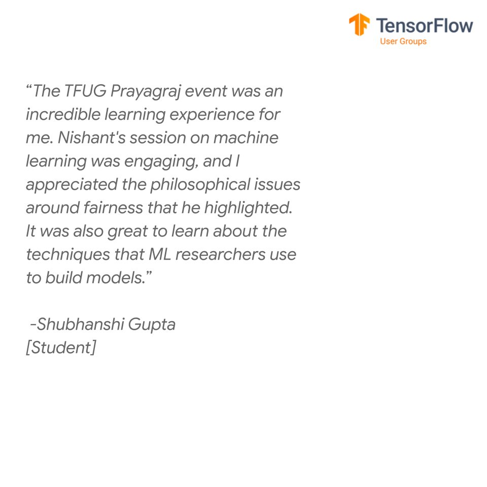 GoogleDevsIN's tweet photo. ⚡️TFUG Prayagraj collaborated with @kotlinconf for an amazing meetup based on Responsible AI.
✨Participants learnt about Kotlin along with real world applications of AI/ML, its social and ethical implications with techniques for building ML models.
#tensorflowusergroups https://t.co/fM2VSiB717