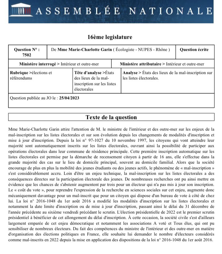 avote_ong's tweet photo. 🏛️🗳️« Mme @MC_Garin attire l'attention de M. le ministre de l'intérieur et des outre-mer sur les enjeux de la mal-inscription sur les listes électorales » 

Merci de citer nos campagnes de  mobilisation avec @touselus ! 
Pour être alerté(e) de la réponse ➡️https://t.co/kpfGjlLmvA https://t.co/1wRsfdqzPF