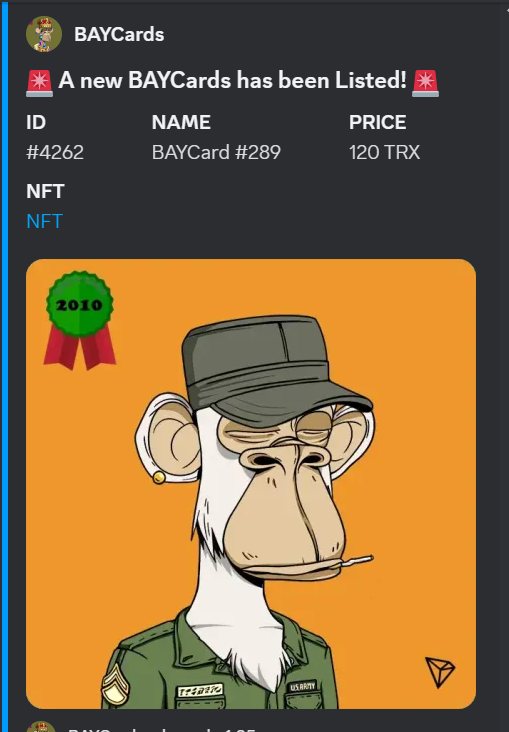 TronCards's tweet photo. The #BAYCards #market bot is already in its final phase. You can see everything that happens on this channel #TRONICS  #TRX  #tron #apenft #collector #nft #nfts @apenftorg #trontomoon #TRONDAO 

https://t.co/TU918nCTW0 https://t.co/4BW8Apu58W