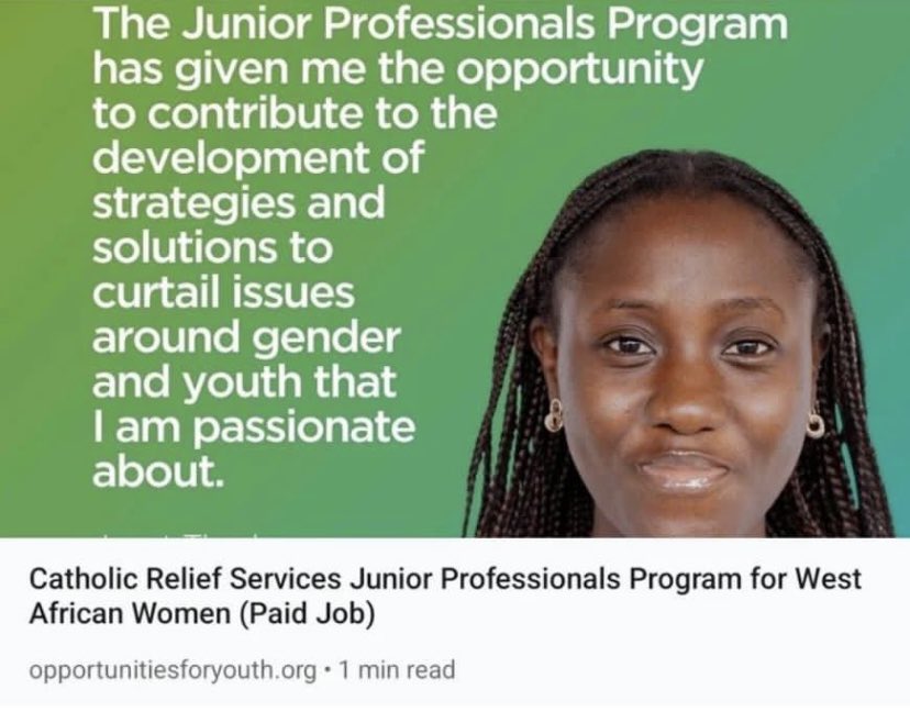 Catholic Relief Services Junior Professionals Program for West African Women (Paid Job)

Deadline June 30, 2023

Learn more and apply: bit.ly/3L9hIiB

#africa #work #development #job #professionalwomen #youth #opportunity