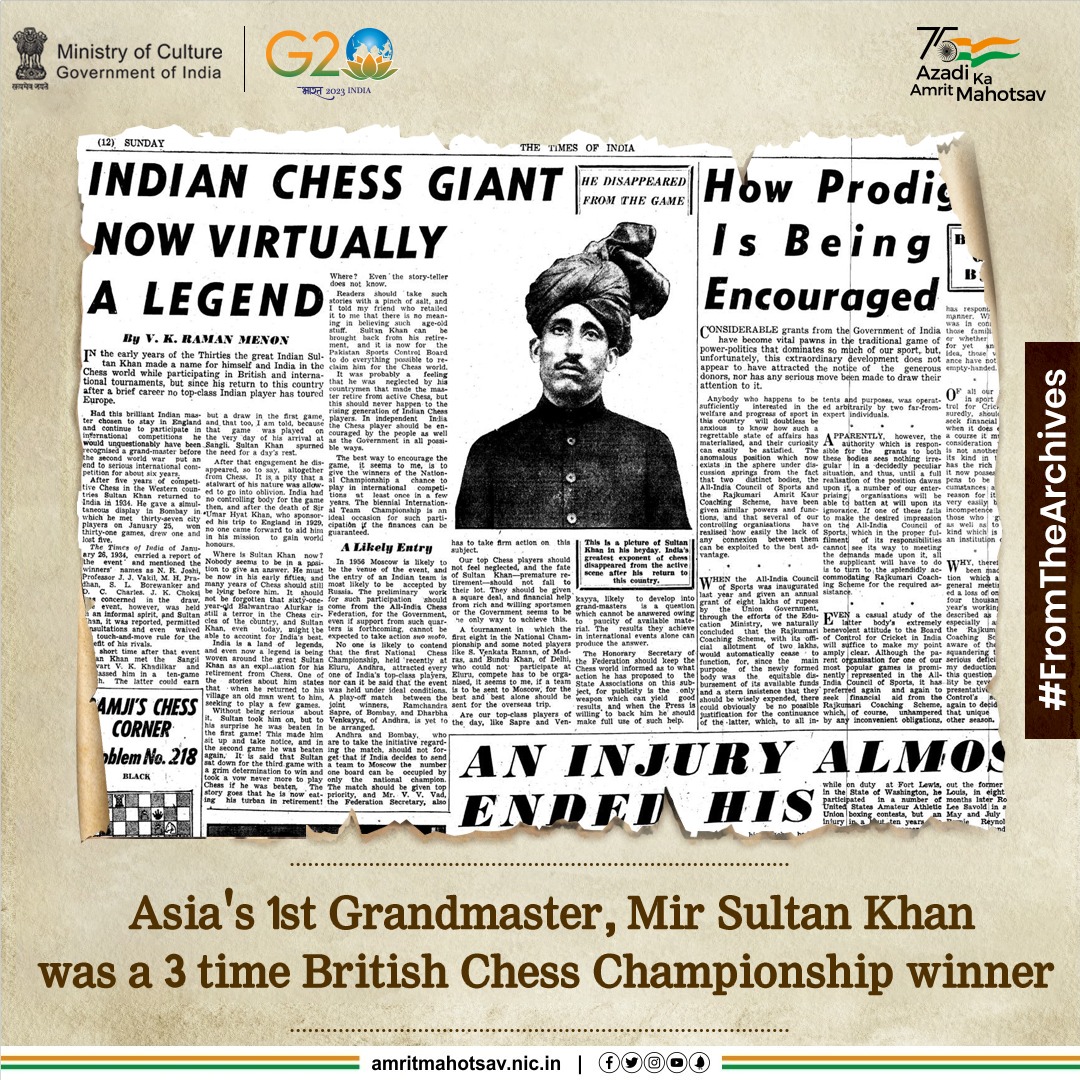 Often called a ‘genius’ or the ‘greatest natural player of modern times’, #MirSultanKhan had taken the world of chess by storm from the late 1920s to early 1930s. (1/2)  

#AmritMahotsav #FromTheArchives #RareAndUnseen #MainBharatHoon 

 IC: @IndiaHistorypic