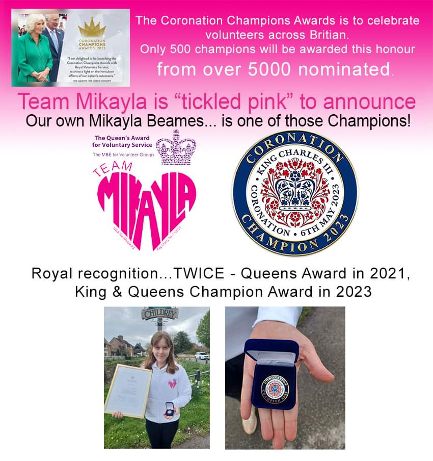 MikaylaTeam's tweet photo. Our Mikayla has won a #CoronationChampionAward2023 for her charity work supporting kids fighting cancer. Congratulations! - More on our Website #TeamMikayla.org https://t.co/VLSwQpsTS0