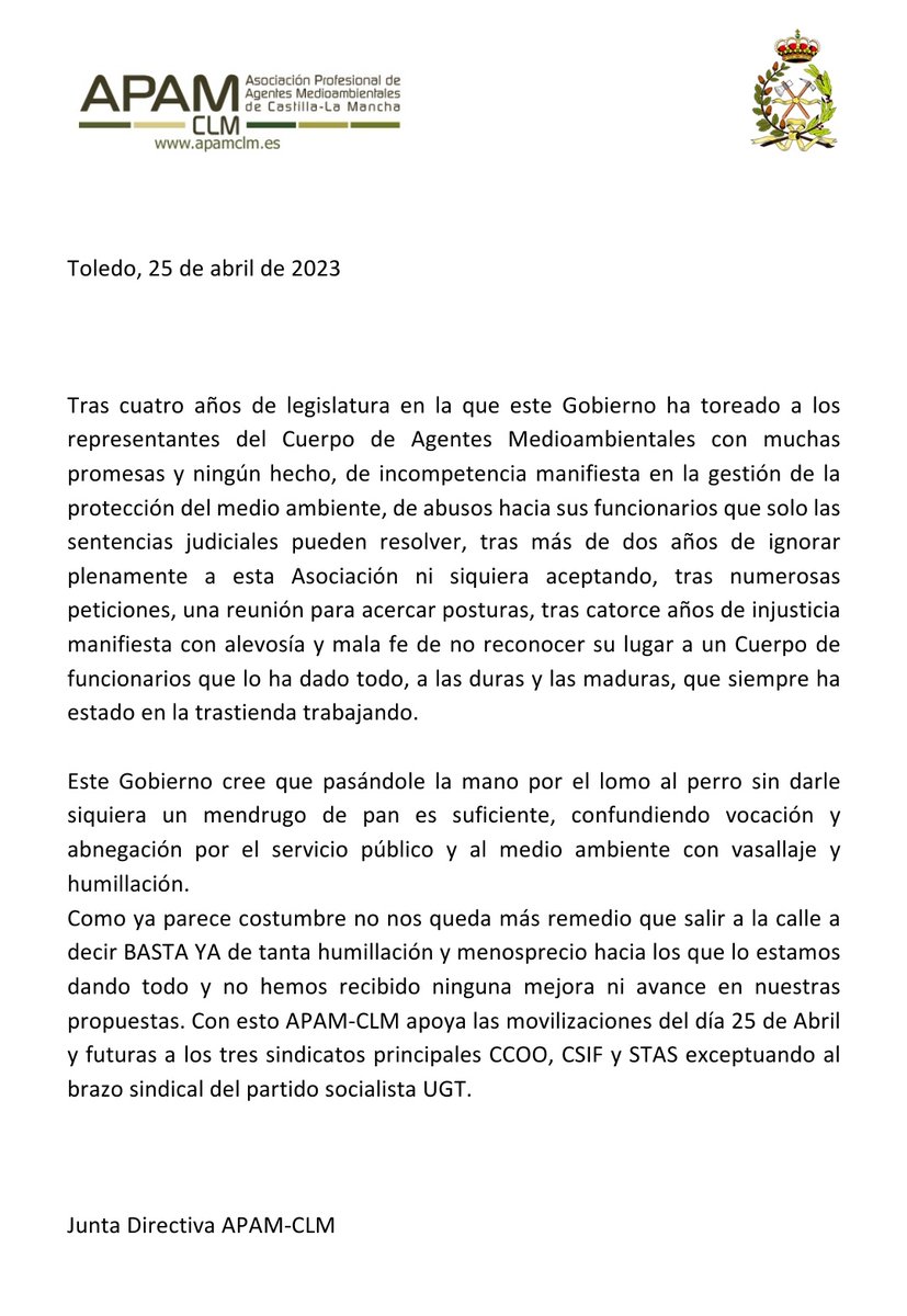 APAMCLM's tweet photo. Nuestro apoyo y respaldo a la concentración de #AgentesMedioambientales, organizada por los sindicatos que sí tienen compromiso con la defensa de la dignidad del Cuerpo de #AAMM y por tanto la mejora del servicio público de custodia del patrimonio medioambiental.

#AAMMenLucha25A https://t.co/U89Y9sxYpQ