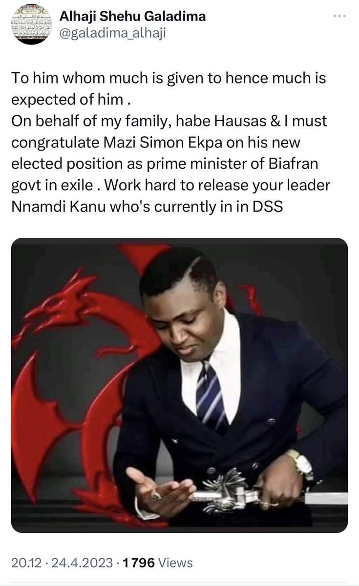 simon_ekpa's tweet photo. Thank you @galadima_alhaji for the acknowledgment. Please,  i appeal to you to talk to your kinsmen to release our leader MNK. Join your thunderous voice to demand for his release and demand for referendum as that will favour your caliphate as well and bring lasting peace to the region. We are going to be good neighbours and respect each other’s borders. Your kinsmen are pushing us to the wall and it may not end well. You can’t be releasing Boko Haram members and continue to detain an innocent man even when your court has discharged him.