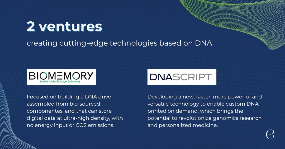 What if we could harness the power of #DNA to advance towards a more sustainable future? Today, at #DNADay, meet 2 ventures which are at the forefront of this exciting space: <a href="/BiomemoryLabs/">Biomemory</a> and <a href="/DNAScript/">DNA Script</a>