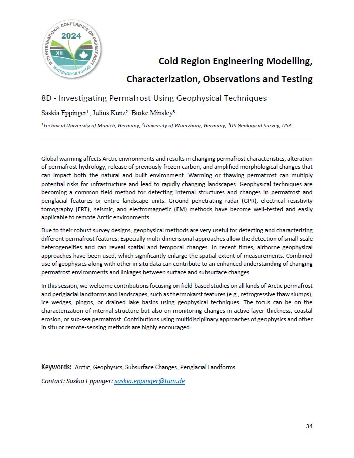 You use geophysical methods in permafrost research or investigate thermokarst, mass-wasting processes and slope hazards? 

Then consider submitting an abstract for a proceeding paper in one of the two following sessions for ICOP 2024 in Whitehorse: