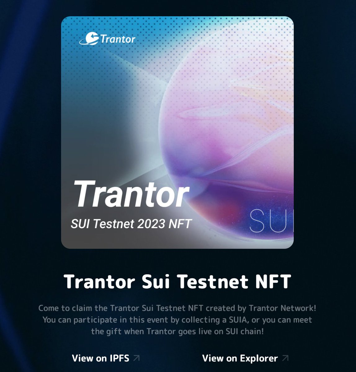 🔥We are thrilled to announce a partnership with <a href="/Suia2023/">Suia</a>.

🥰Come to witness our Trantor suia NFT on <a href="/Suia2023/">Suia</a>!

🌊Come to claim the #suia! You can participate in this event by collecting a suia, or you can meet the gift when #Trantor goes live!

🔗suia.io/suia/0x7823227…