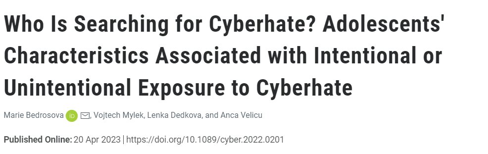 Who is searching for cyberhate? We just published an article in @Cyberpsych_Jn where we compared intentional and unintentional #cyberhate exposure among adolescents. Big thanks to my co-authors @VojtaMylek, @lenka_a_dedkova, and @velicu_anca. @irtis_muni
doi.org/10.1089/cyber.…