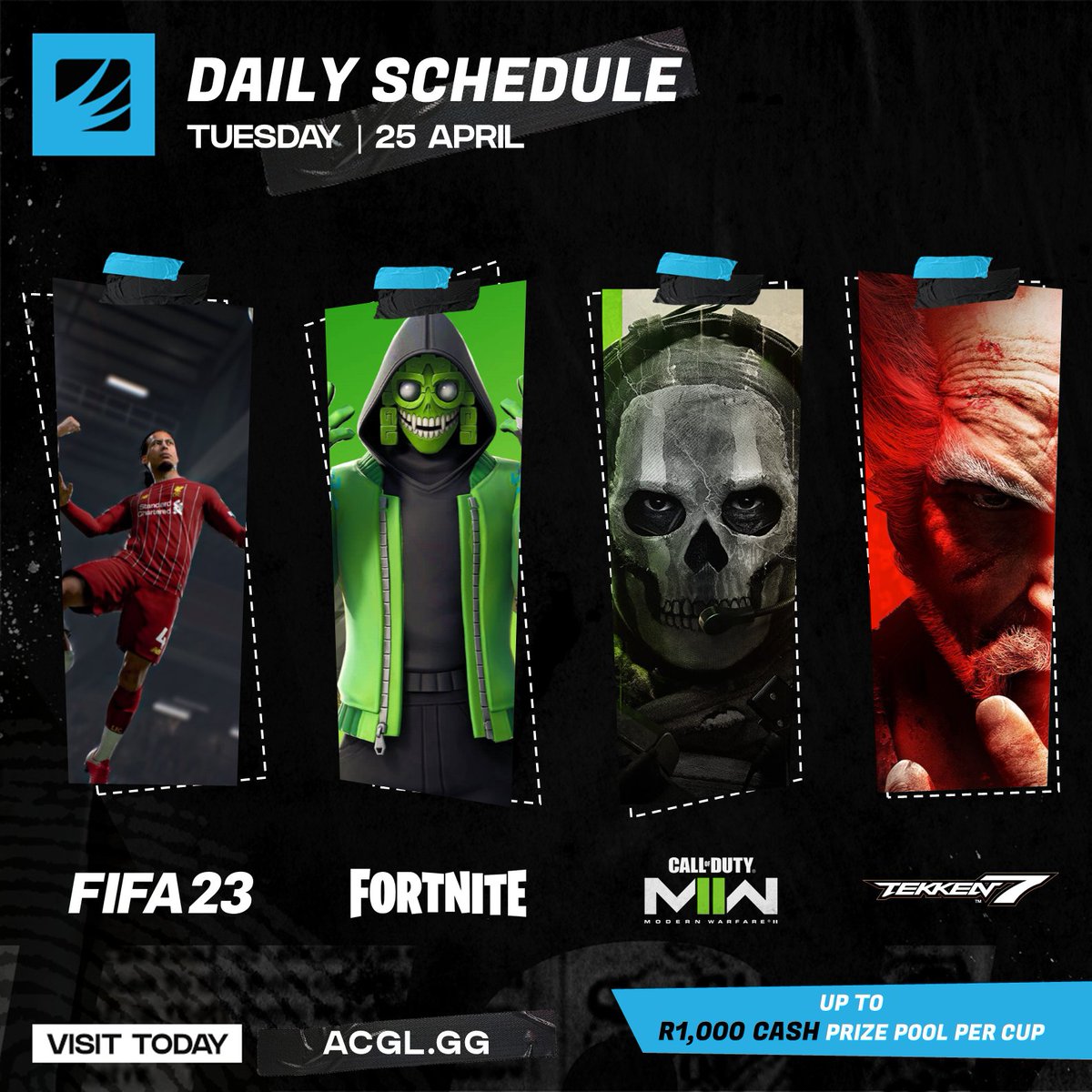 AfricanGaming's tweet photo. ⏰ Online cups from 19h00 tonight:

⚽️ #FIFA23
⚒ #Fortnite
🟢 #ModernWarfare2
��� #Tekken7

💰 Up to R1,000 cash per cup.

📝 Sign up for free: https://t.co/2wjHldtuAR

#FIFAza #FortniteZA #CODZA #FGCZA #AfricanEsports #esportsZA #AfricanGaming #gamingZA https://t.co/gWlzLyw3WB