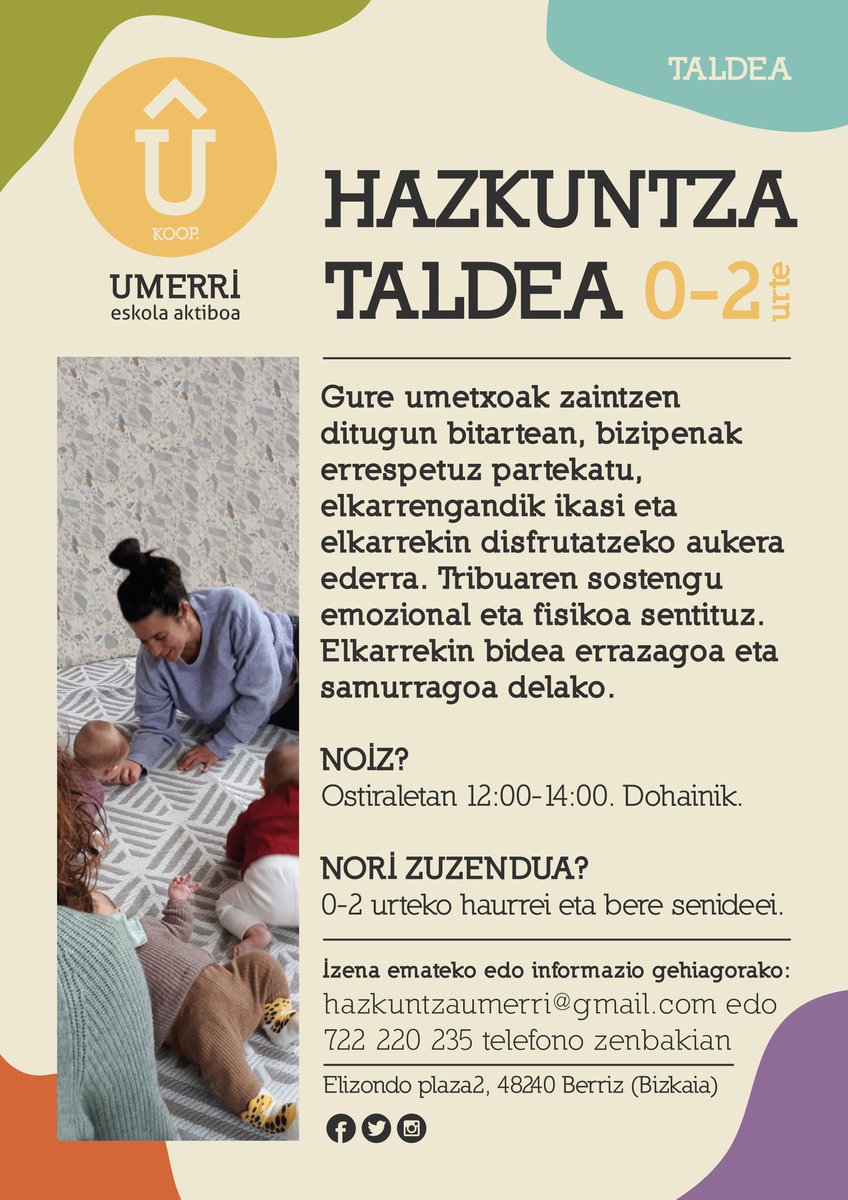 Umerriko
Hazkuntza Taldea

Tribuaren sostengu emozional eta fisikoa sentituz.  Elkarrekin bidea errazagoa eta samurragoa delako.

🗓️ Ostiraletan
🕒 12:00 - 14:00
Dohainik

➡️ 0-2 urteko umeentzat senideekin.

📝
 hazkuntzaumerri@gmail.com

#umerri
#hazkuntza
#crianza
#berriz