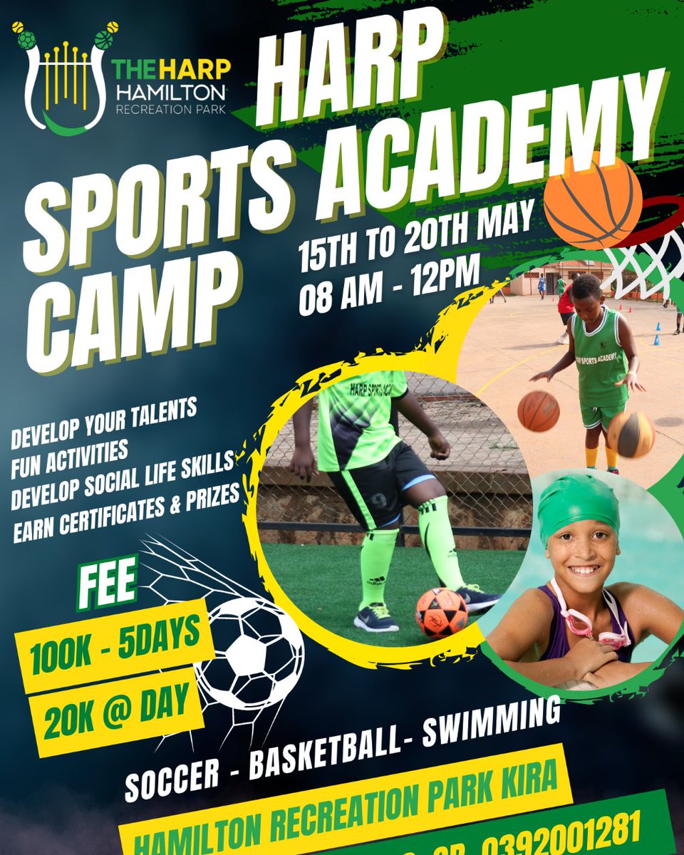 Join the ultimate sports adventure at Harp Sports Academy - where fun and learning meet on the field! Don't let your kids miss out on the action-packed camp of a lifetime!
#sportscamp #theharpug #kidsfun
Inquiries 
📲:+256 705 408 406
📍Kira, off Mamerito Road on Lusirika Road