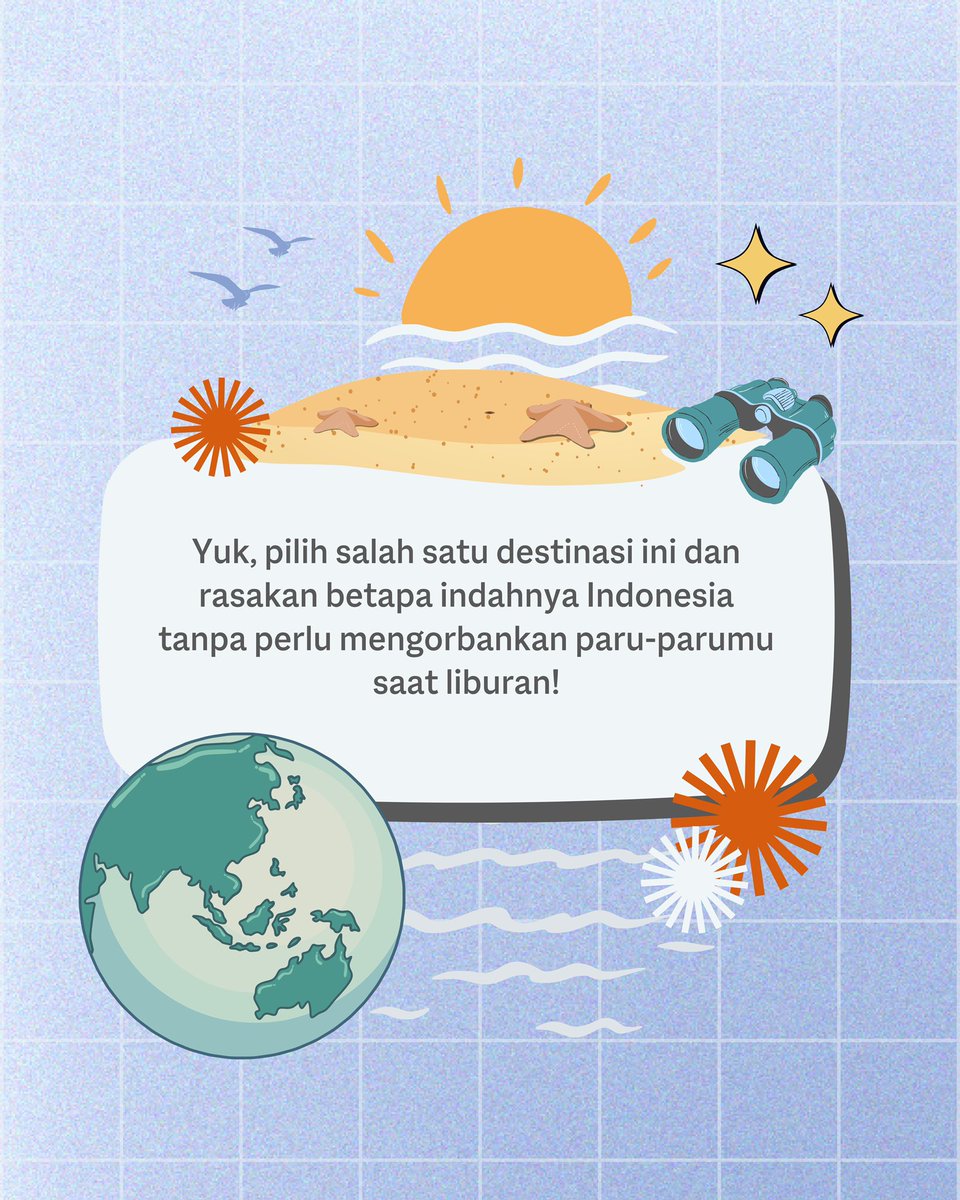 SehatkanUdaraku's tweet photo. Buat yang besok udah mulai kerja, bookmark aja dulu konten ini buat rencana liburan selanjutnya! 

#SehatkanUdaraku #PolusiUdara #AirPollution #Liburan #ExploreAceh #ExploreJatim #ExploreSulut #ExploreKaltim #ExploreBali #TravellingIdeas https://t.co/k1Zs2xymYw