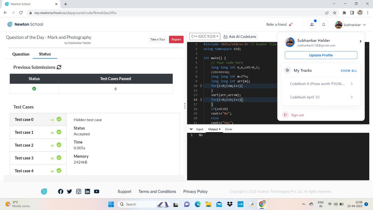 Subhankar938's tweet image. #day_11_of_101_days_of_code
Problem Name - Mark and Photography
#nsdiscord #codewithns #101daysofcodens
Language-C++
referral link:- my.newtonschool.co/register/certi…