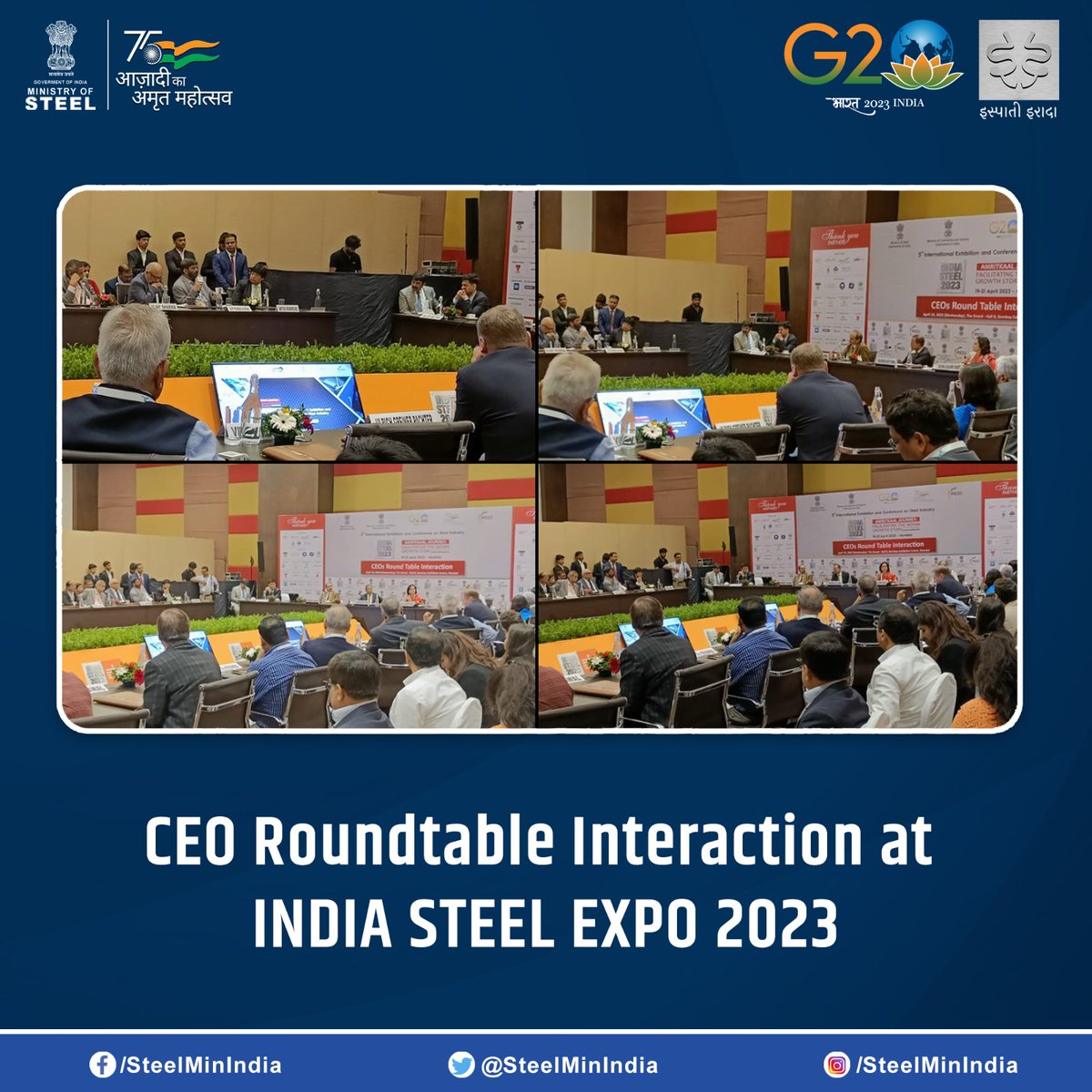 SteelMinIndia's tweet image. प्रमुख इस्पात कंपनियों के मुख्य कार्यकारी अधिकारियों ने मुंबई में इंडिया स्टील एक्सपो 2023 में इस्पात मंत्रालय के साथ इस्पात क्षेत्र में उभरती चुनौतियों पर चर्चा की।

#MinistryOfSteel #IndiaSteel2023 #SteelIndustry  #IndiaSteelExpo #CEO #Roundtable #NESCO #Mumbai
@indiasteelexpo