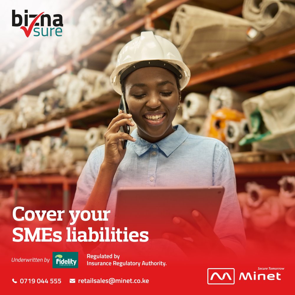 Liability insurance ensures that your SME can continue to operate. BiznaSure from Minet offers you liability coverage for your business, cyber events, and for directors & officers.

For more, call +254 719 040 000 or visit retail.minet.co.ke/biznasure/

#MinetKenya #BiznaSure #AllRisks