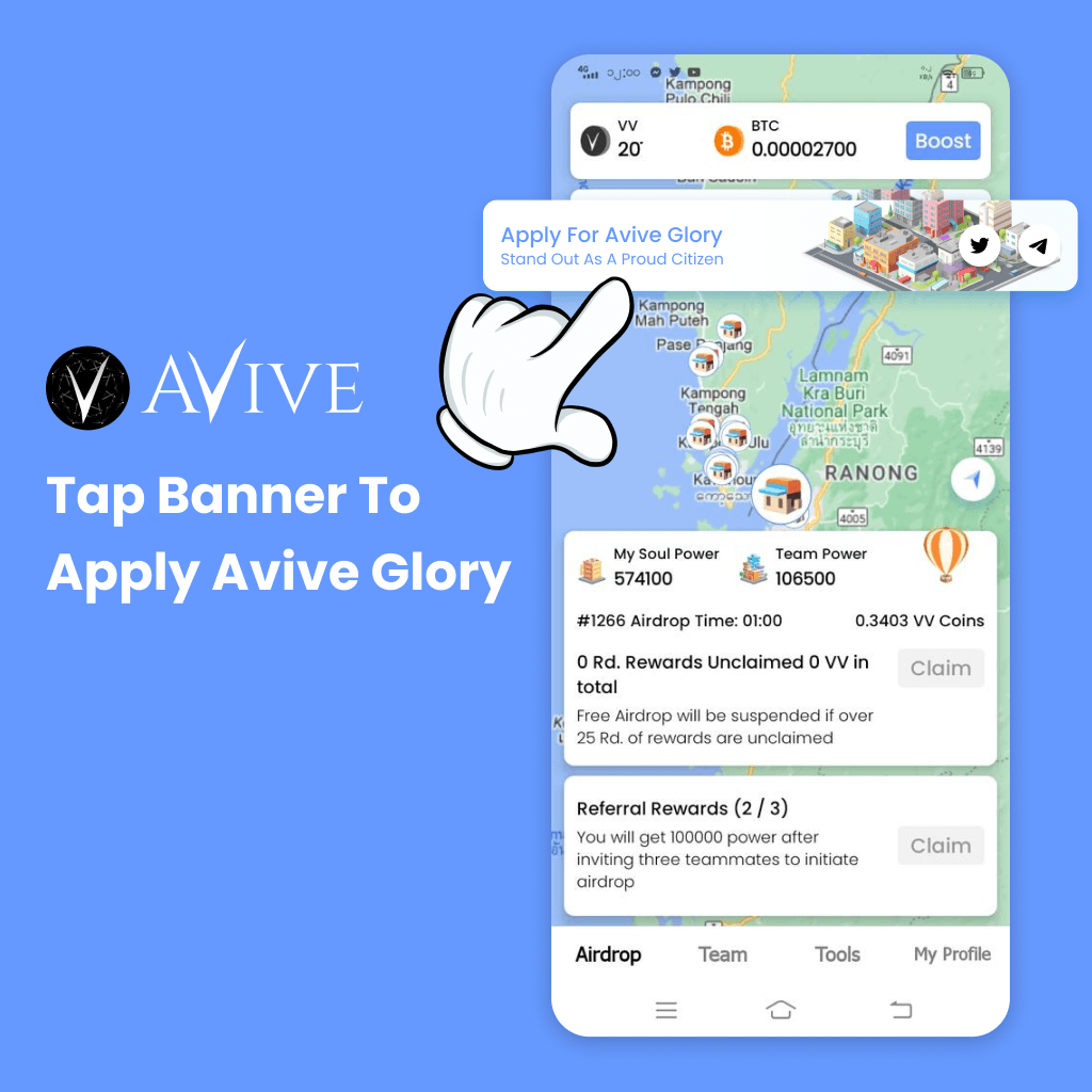 ⚡️Make Sure To Tap The Banner On The Top Of #AviveMap And Apply For #AviveGlory

🔥Join The Revolution Today!

#WEB3 #NFTCommunity #BTC #community