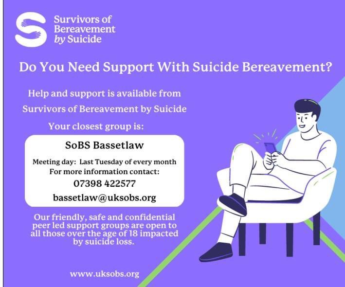 Gemmacross13's tweet photo. The Bassetlaw SOBS group meets tonight 💚💜 message/ email for details. All facilitators are bereaved by suicide. No judgement, no awkwardness, just understanding #Suicide #ThoseLeftBehind #Bereavement #Grief #WavesOfGrief https://t.co/WoZpV0rtKR