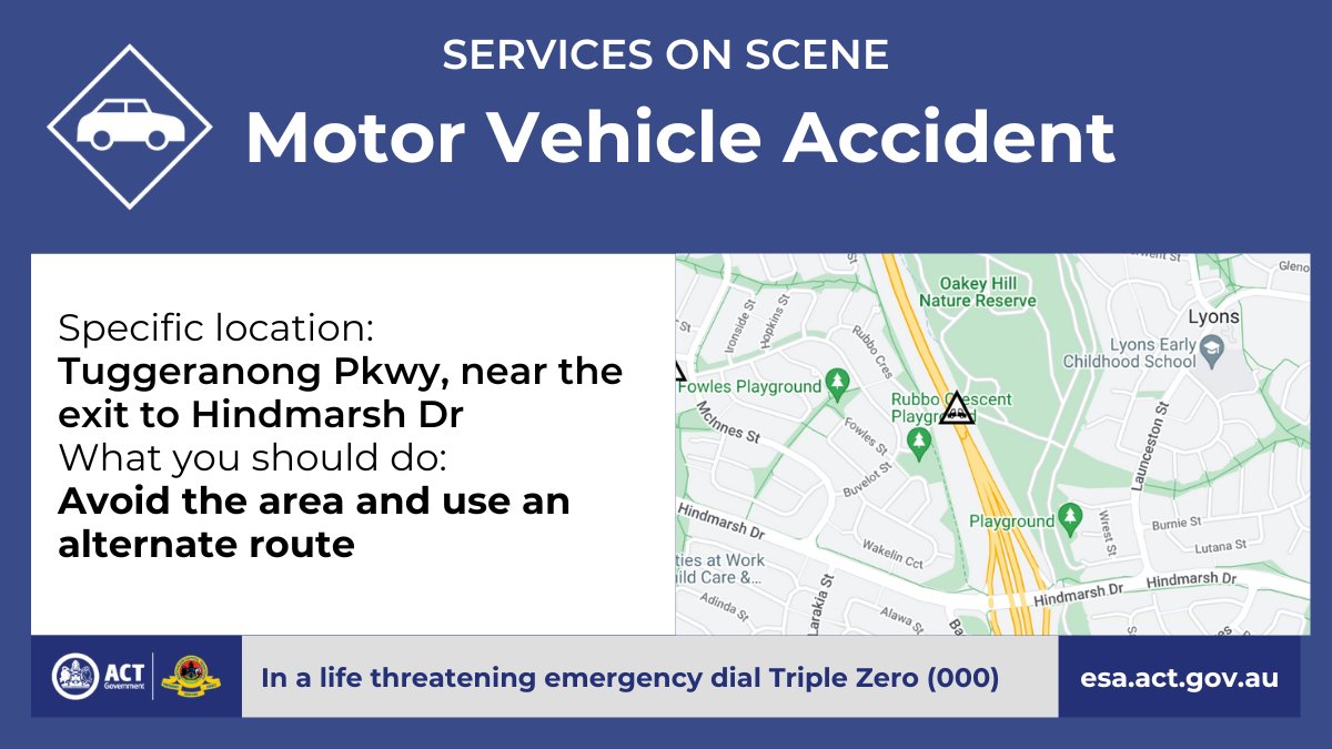 ACT_ESA's tweet photo. Motor Vehicle Incident - Lyons, Tuggeranong Parkway

A minor motor vehicle incident has occurred on the Tuggeranong Parkway, near the exit ramp to Hindmarsh Drive.

Please avoid the area.

https://t.co/yEubPjKtyl #ACTESA https://t.co/mRI91EhBG6