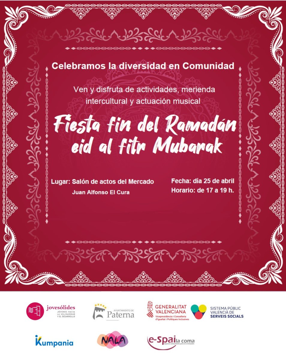 JOVESOLIDES's tweet photo. ☪️La Coma celebra la fiesta del fin de Ramadán más intercultural.

Vecinos y vecinas de todas las culturas y creencias, unidas esta tarde en #convivencia.

🕔Martes 25, a las 17h
📍Salón de actos del Mercado de La Coma

#Kumpania #Nala #EspaiLaComa #MaiMésIslamofòbia #Acciona https://t.co/gDQnT535Ft