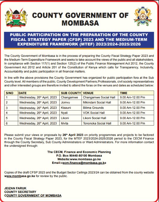 SubcountyAdmin's tweet photo. ๐๐๐KIND REMINDER...To turn out & share your views on the Draft County Fiscal Strategy Paper-CFSP 2023 & the Medium-Term Expenditure Framework- MTEF2023/2024-2025/2026.
#CFSP2023 #MTEF #MaoniYakoMaendeleoYako https://t.co/FpeYCaxOJn