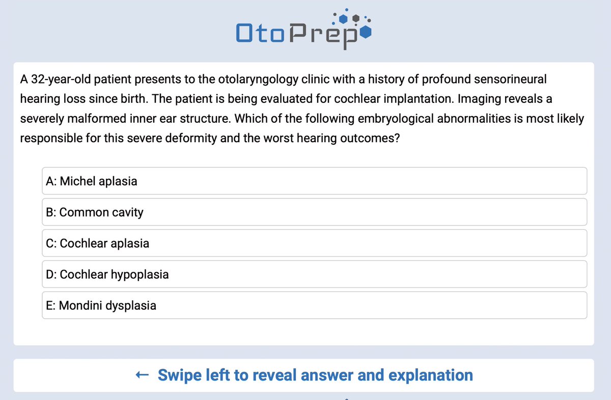 OtoPrep's tweet photo. 🧬👂 Can you ID the abnormality behind severe inner ear deformity &amp; worst hearing outcomes? Boost your ENT exam skills &amp; clinical practice knowledge! Swipe left for answer &amp; explanation. 📚💪 #ENTMCQ #residentlife #Otolaryngology #Embryology #HearingLoss #InnerEar #ENTExams https://t.co/Gu8isGqYdJ