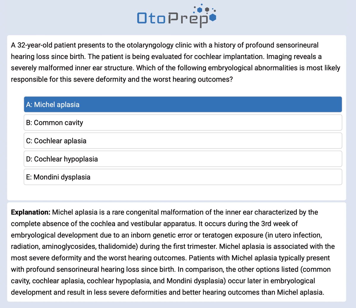 OtoPrep's tweet photo. 🧬👂 Can you ID the abnormality behind severe inner ear deformity &amp; worst hearing outcomes? Boost your ENT exam skills &amp; clinical practice knowledge! Swipe left for answer &amp; explanation. 📚💪 #ENTMCQ #residentlife #Otolaryngology #Embryology #HearingLoss #InnerEar #ENTExams https://t.co/Gu8isGqYdJ
