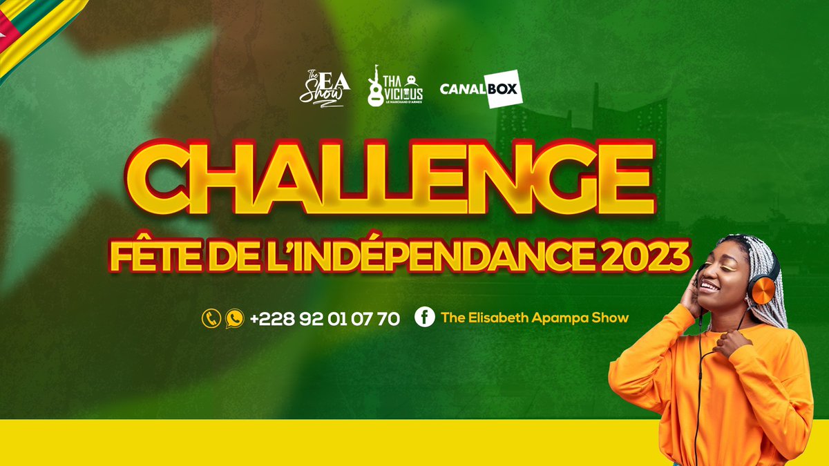 EApampa's tweet photo. Le gagnant recevra une enveloppe de 150 000 FCFA et un bon audio d’une valeur de 250 000 FCFA chez Tha Vicious, ainsi que d’autres prix offerts par notre sponsor officiel Canalbox Togo. Bonne chance à toutes et tous!
#ChallengeMusical #FêteDeLIndependance #elisabethapampa https://t.co/JH5vYlRPDh