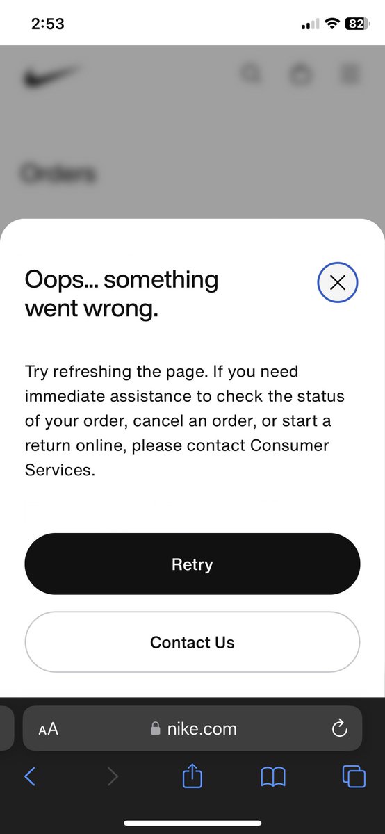 MoIIies's tweet photo. @NikeService how is this still not fixed? haven’t been able to do anything on my account for days now. everything is deleted can’t see my orders or info regardless on app/site, wifi on/off https://t.co/1tzT2oap0a