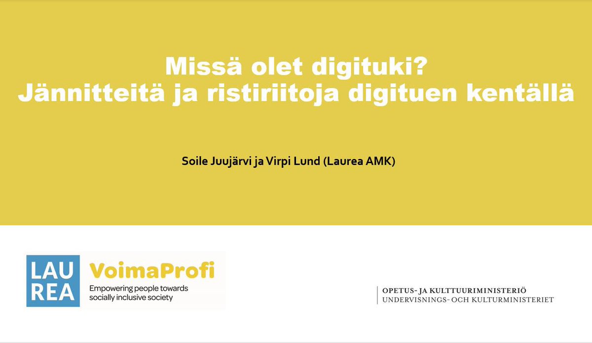jarveev_'s tweet photo. @SoileJuujarvi & @LundVirpi kertoivat #VoimaProfi hankkeen digituen kehittämisen yhteisöpajoista, joissa ratkottiin digitukeen liittyviä ongelmia. Digituki näyttäytyy asiakkaille monipaikkaisena, jolloin tarvitaan sujuvia digipalveluita ja digituen yhteneviä käytänteitä #digituki https://t.co/UgAxcSIveU