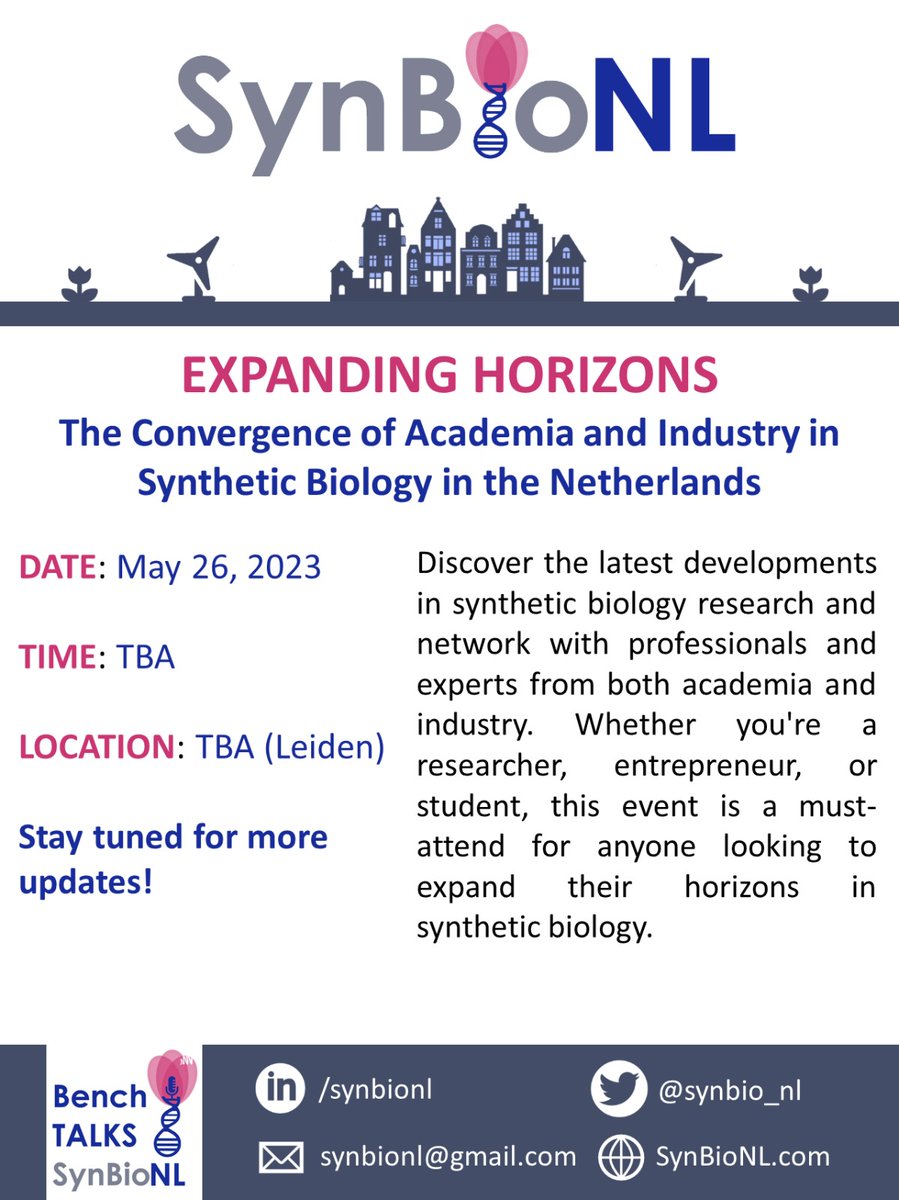 SynBio_NL's tweet photo. Join us on May 26th for a conference to explore the current landscape of Dutch SynBio, academia and industry. 

Meet experts and participate in discussions to satisfy your curiosity. 🗣️🎙️ #SynBioNL #Conference @iGEMCommunity

Register via the link: https://t.co/StiwuZAZLB https://t.co/6YSQBoSq7n