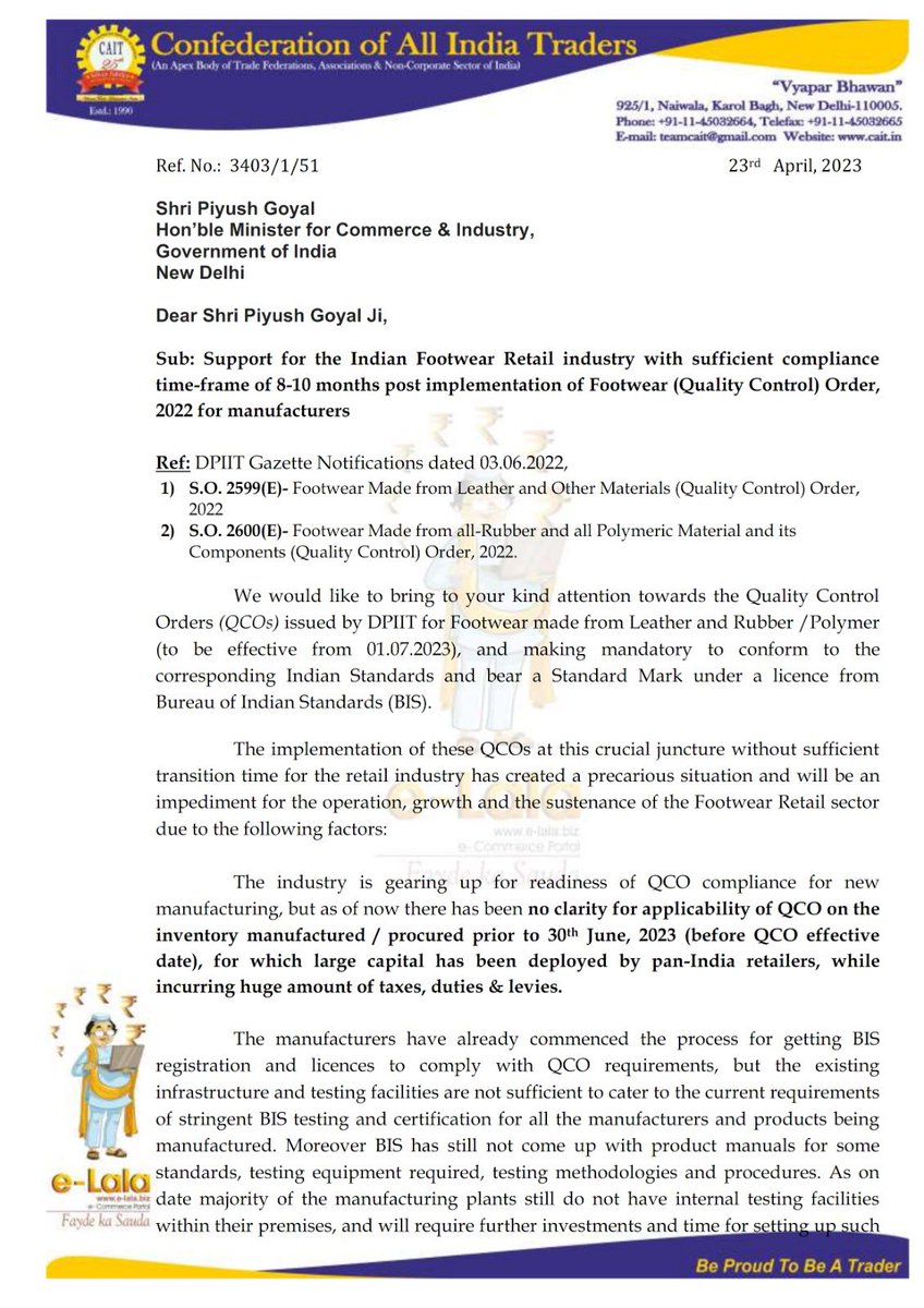 PKhandelwal_MP's tweet photo. Applicability of Standards on footwear traders may be extended to 8-10 months from 1.7.23- urged @CAITIndia to @CimGOI Shri @PiyushGoyal . In first phase it may be implement on manufacturers &amp; later stage on retailers for smooth transition @jagograhakjago https://t.co/dDrhdK47fn