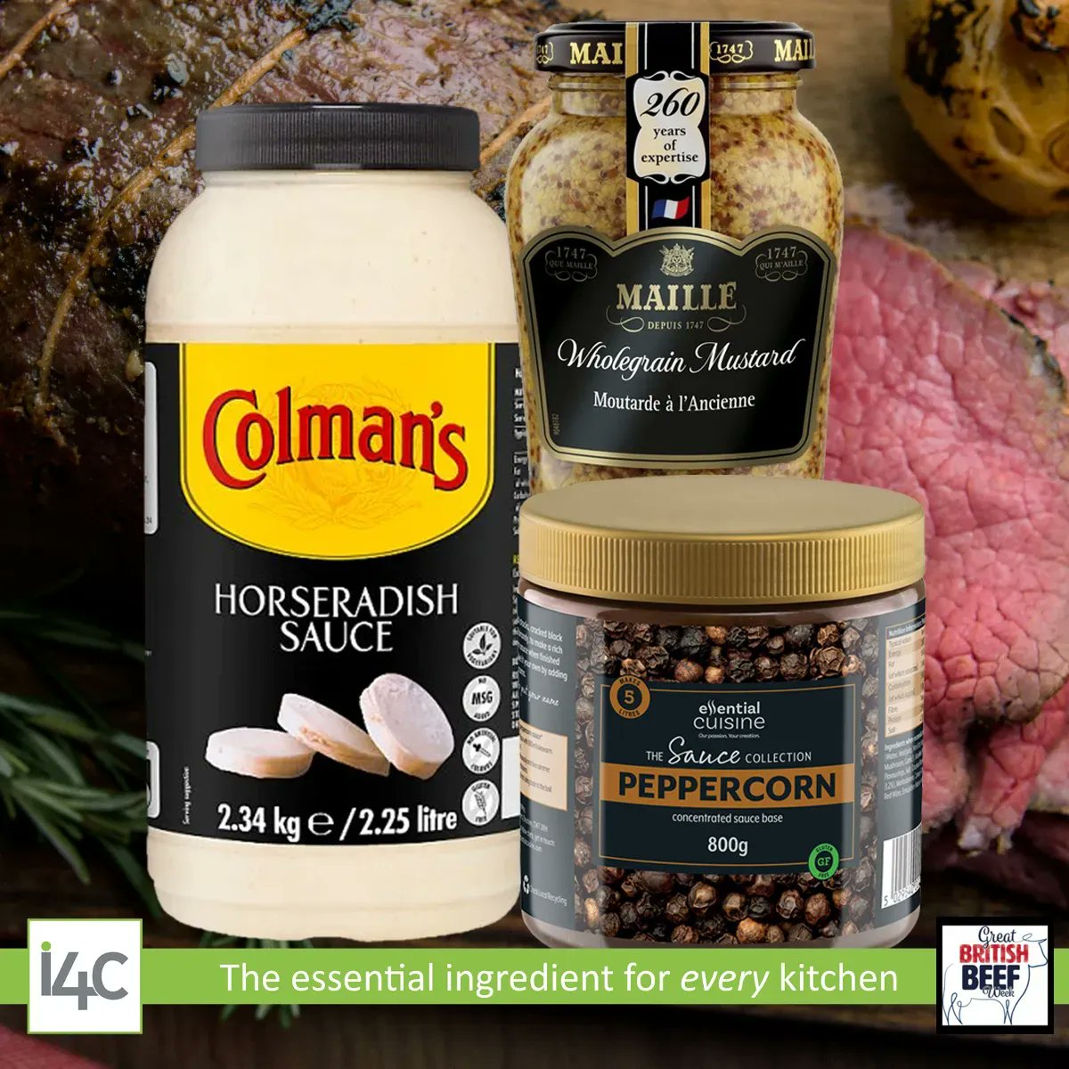 Celebrate Great British Beef Week! Accompany your #beef with some classic #condiments and sauces from I4C.
<a href="/ColmansUK/">Colman's</a> Horseradish Sauce (buff.ly/3a1iUzi) 
<a href="/MailleUK/">MailleUK</a> Wholegrain Mustard (buff.ly/3a1iUzi) 
@essentialcuisin Peppercorn Sauce (buff.ly/3a1iUzi)