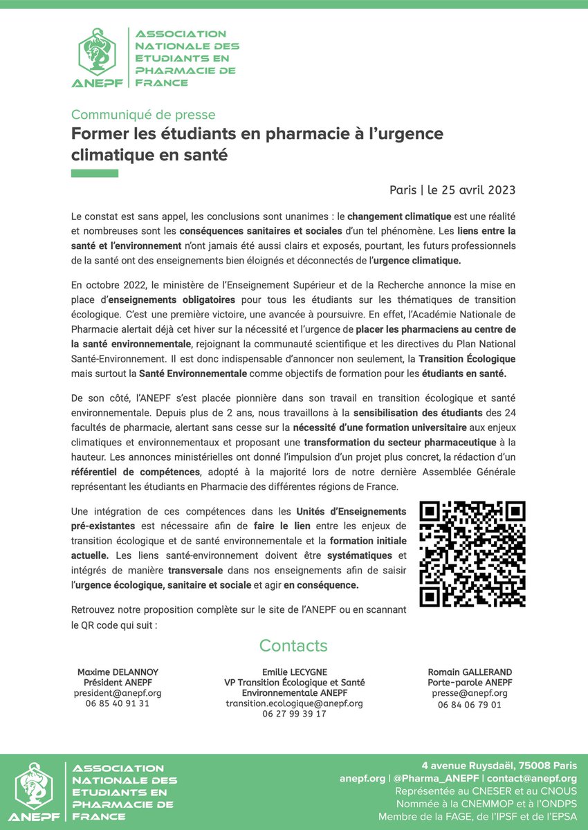 Pharma_ANEPF's tweet photo. Nous entrons dans une ère où les conséquences liées au climat sont reconnues et au cœur des préoccupations. 🎯

Cependant les étudiants en santé ne sont toujours pas sensibilisés et formés sur le sujet ❌

Notre Communiqué de Presse ⤵️ https://t.co/16riaXSxBT