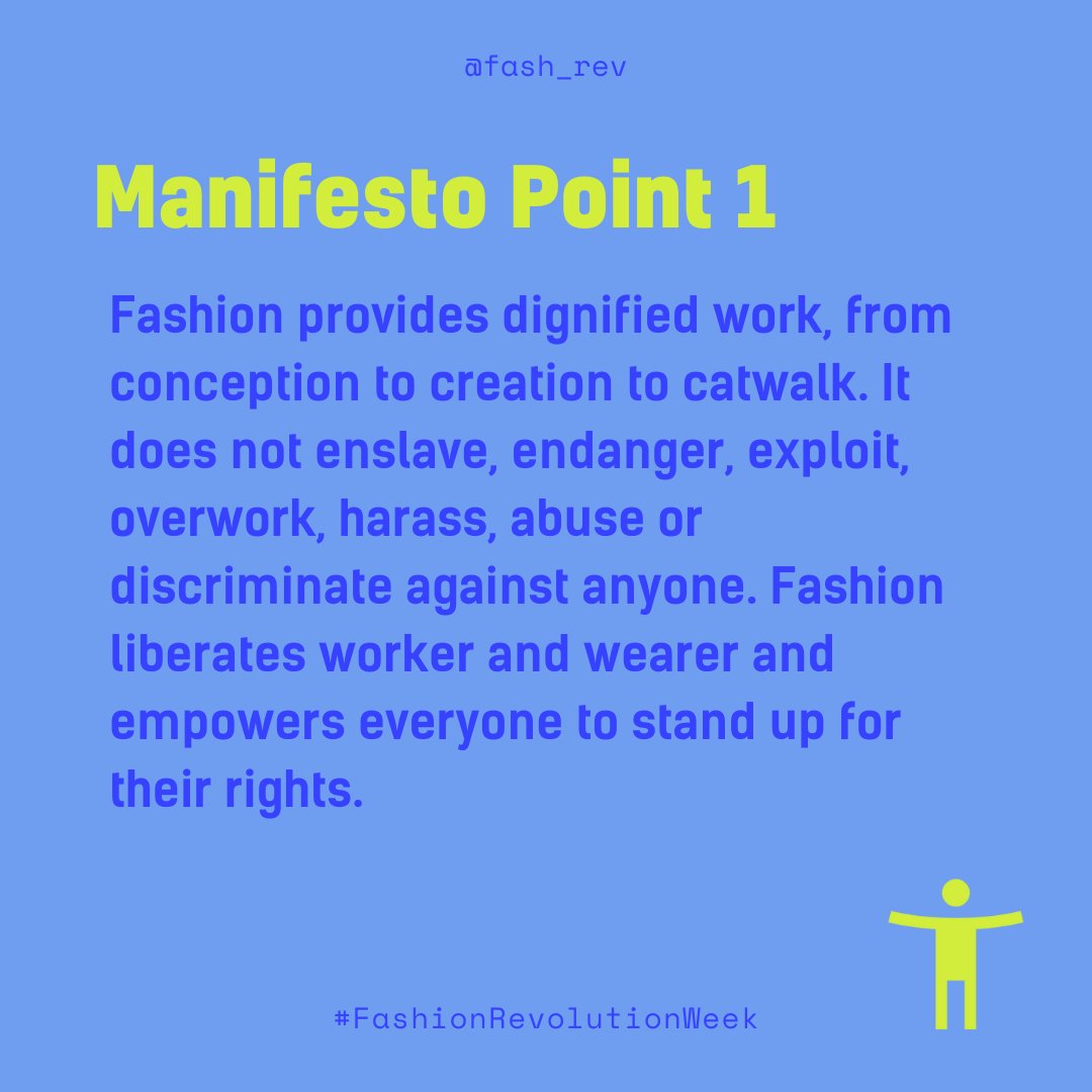 Fash_Rev's tweet photo. Welcome to day 4 of #FashionRevolutionWeek 🗓️

Today we’re inspired by points 1 &amp; 2 of our manifesto, which demand equal pay and dignified work in the fashion system.

Swipe to learn more about each point and find out how to take action! ➡️

#WhoMadeMyClothes #GoodClothesFairPay https://t.co/YFWODCqyX3