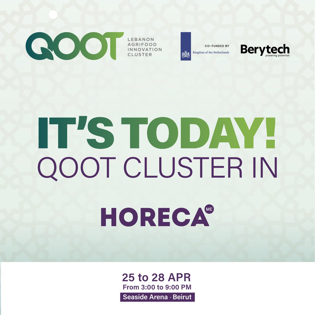 Starting today at 3 pm and for the next 3 days, QOOT will be hosting its members and their products at a dedicated space in HORECA. 
Join us April 25 – 28 from 3 to 9 pm at the Seaside Arena, Beirut.

qoot.org/qoot-cluster-s…

@HorecaConnects #HORECALebanon #QOOTinHORECA
