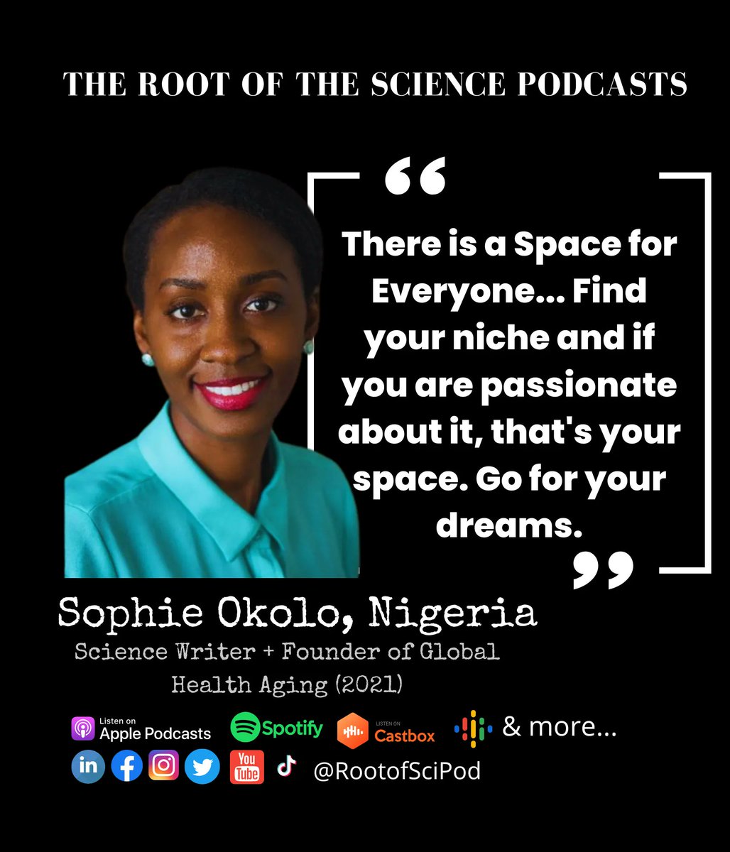 RootofSciMedia's tweet photo. Podcast 58 Ep ft @sophieokolo , @Forbes Contributor, Lead Consultant @GHealthAging , #journalist
Listen: https://t.co/2UGqsp3O67
Spotify: https://t.co/K9svFId9ZL
Youtube: https://t.co/Eh9FC8zBx6
#sciencewriter #scicomm #sciencejournalist https://t.co/Wp4nfyNGIE