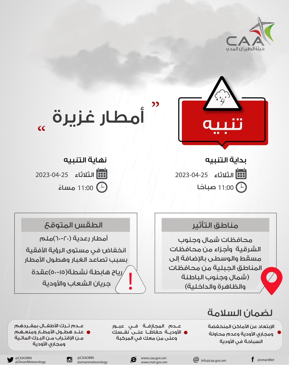 OmanMeteorology's tweet photo. تنبيه بغزارة الأمطار المتوقعة خلال فترة الظهيرة والمساء  

Heavy thundershowers alert during afternoon and evening hours https://t.co/z6Od1ZzltV