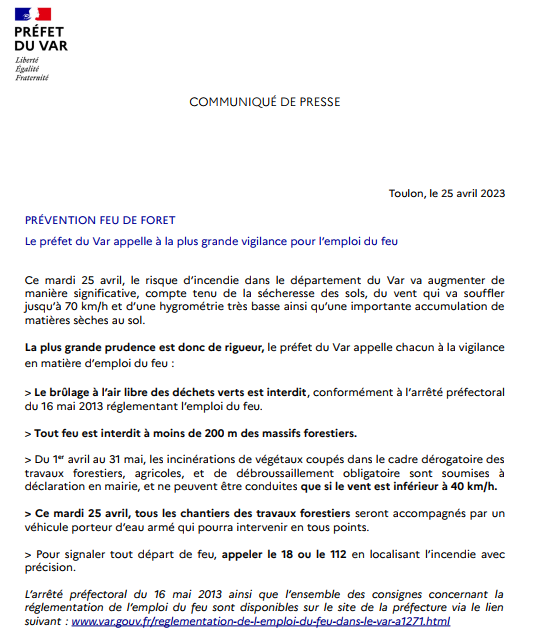 #Prévention #FeuDeForêt | ⚠️Ce mardi 25 avril, le risque d'incendie dans le département du #Var est élevé. 
🔴Le préfet appelle à la plus grande vigilance pour l'emploi du feu et au respect des interdictions en vigueur⤵️
Le communiqué 👉var.gouv.fr/appel-a-la-vig…
