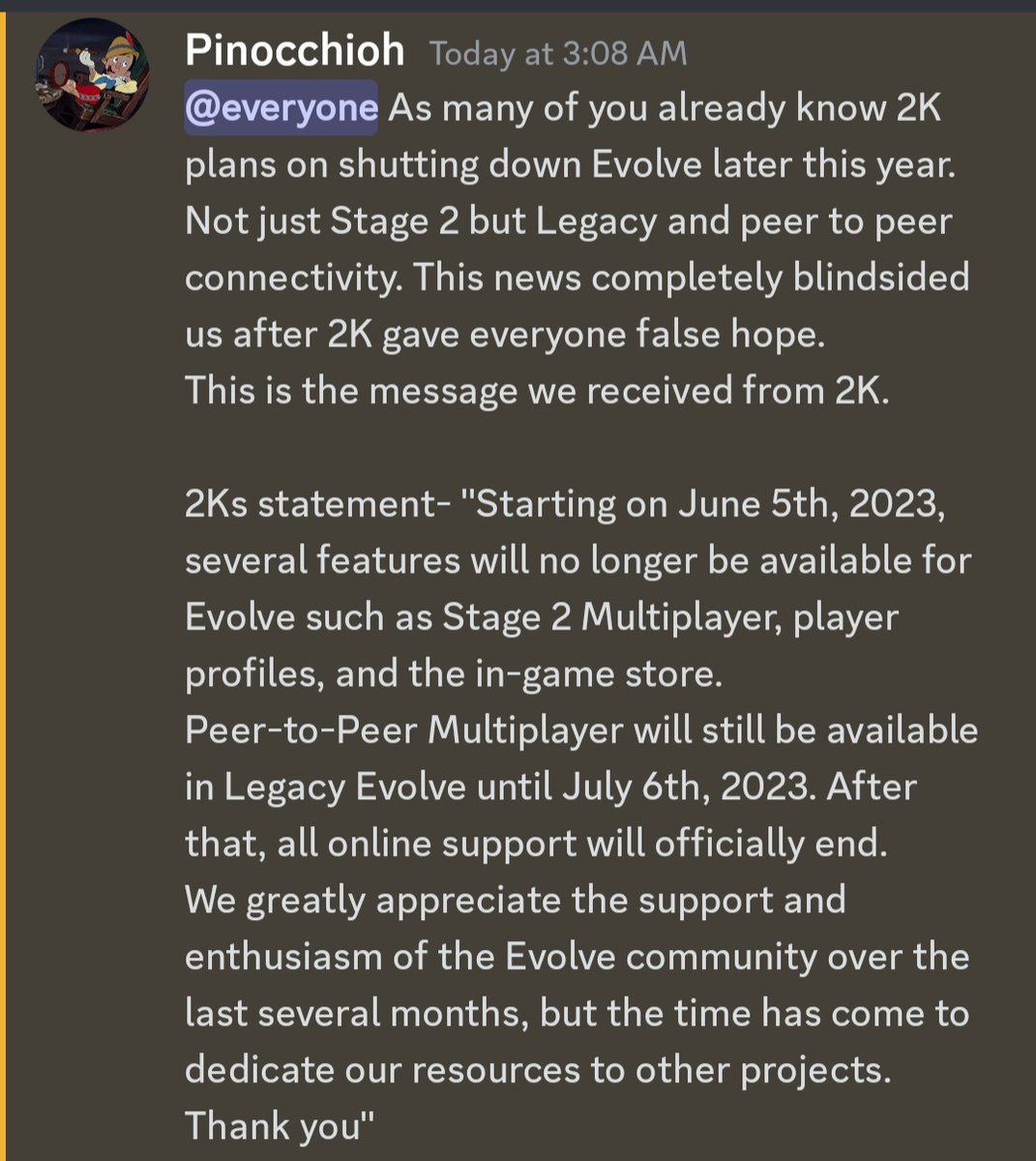EvolveReignited's tweet photo. @2K @EvolveGame
Update: From the Evolve Discord server regarding the news of the server shut down. Hopefully something can be done about the situation. #FreeEvolve #BringEvolveBack https://t.co/Wef37BxUC3