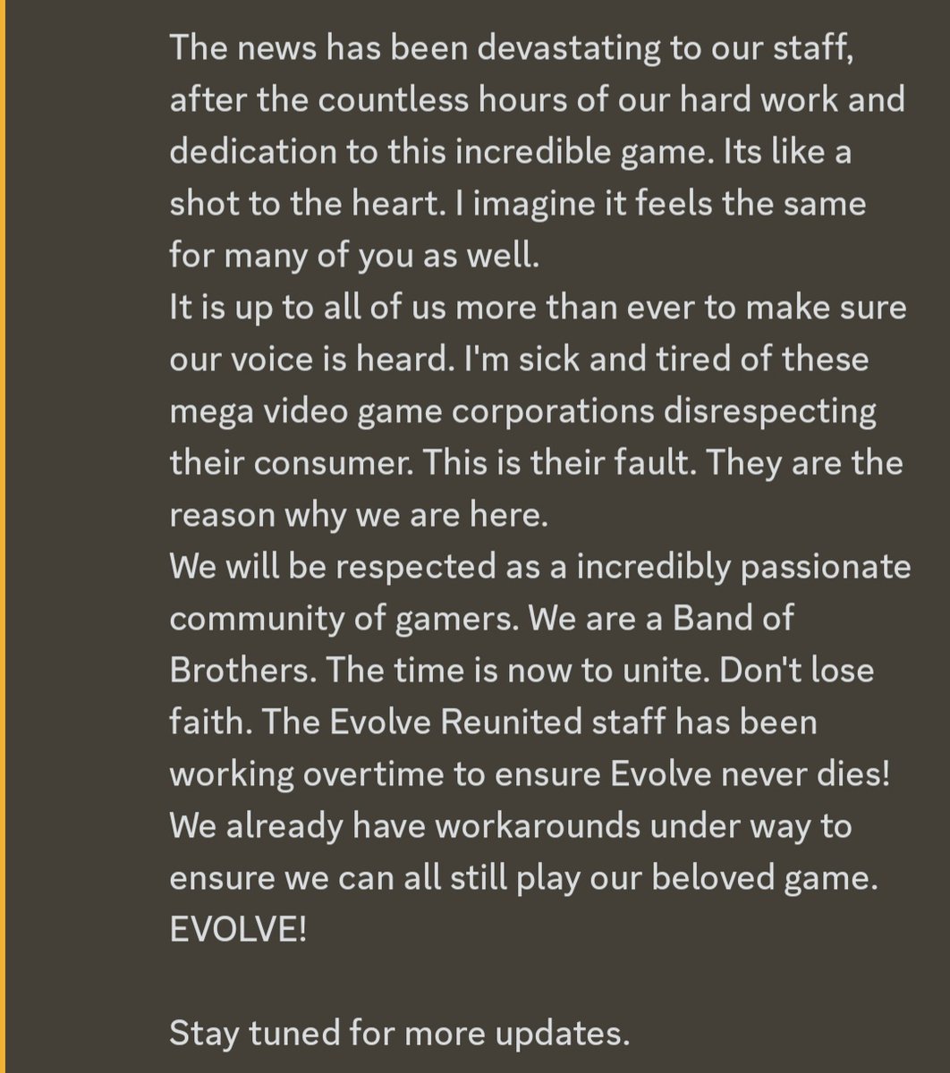 EvolveReignited's tweet photo. @2K @EvolveGame
Update: From the Evolve Discord server regarding the news of the server shut down. Hopefully something can be done about the situation. #FreeEvolve #BringEvolveBack https://t.co/Wef37BxUC3