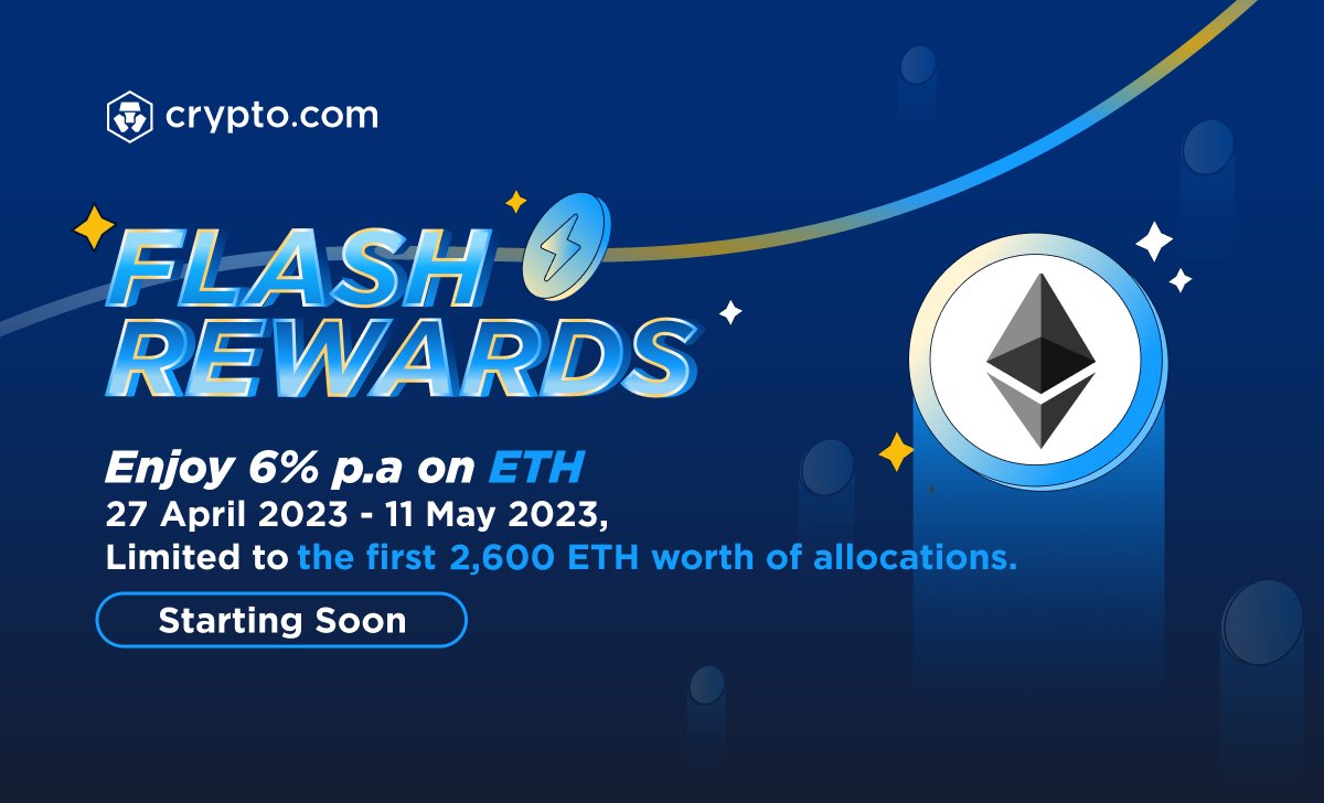 cryptocom's tweet photo. ⚡ Flash Rewards ⚡

Celebrate Ethereum’s Shanghai upgrade with ETH Flash Rewards on Crypto Earn: 

💸 6% p.a. 
🗓️ 30-day lockup
⚡ Limited to the first 2,600 ETH worth of allocations
⏳ 27 Apr - 11 May 2023 

Don’t miss your chance to earn high rewards! https://t.co/n1OJgm1KDd